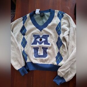 Disney Cream Crewneck Sweater with Blue and Green Argyle